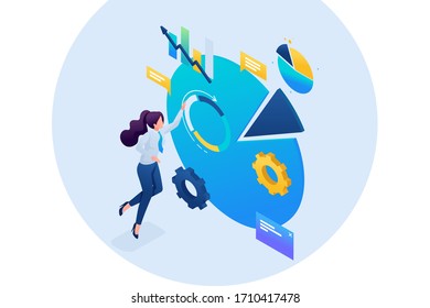 Young girl in progress at work, graphic Research and charts. 3D isometric. Concept for web design