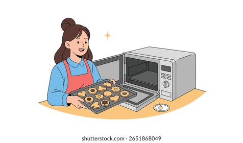 Menina jovem orgulhosamente apresenta biscoitos recém-assados de sua atividade de cozimento de cozinha de forno de micro-ondas