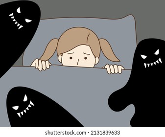 Young girl pulled the blanket covering her mouth and nose lying in bed. Child scared of imaginary black horrible monster. Sleeping, insomnia concepts. Hand drawn cartoon vector illustration.