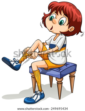 A young girl pulling her sock on a white background