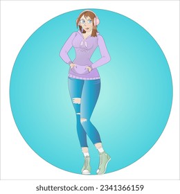 A young girl in a purple hoodie and blue jeans listens to music with pink headphones on a blue background