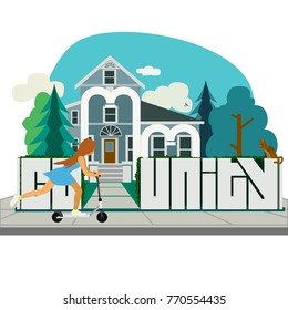 Young girl pushing a scooter on a sidewalk running along a fence in front of a vintage home. The word community is written in the fence & home.
