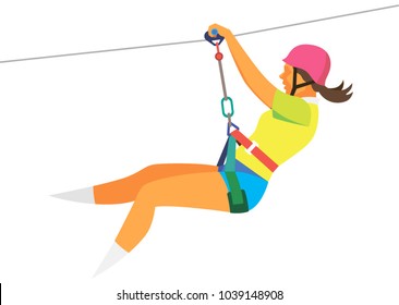 a young girl quickly descends from the mountain on a cable on an entertainment attraction of zipline
