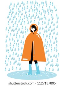 Young girl in a rain coat Vector illustration. Isolated on white. Raining bad weather