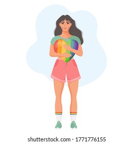 Young girl with a rainbow heart. Concept of equal rights for the lgbt community. Vector illustration.