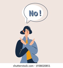 Young girl raising both hands making sign of rejection. Say NO sign. Concept of refusal, rejection, denial, stop, negation, declination. Flat vector illustration cartoon character.