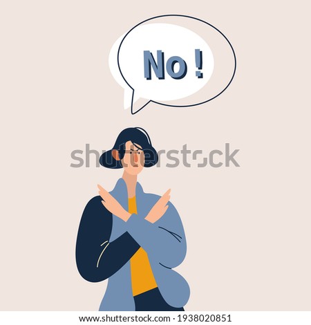 Young girl raising both hands making sign of rejection. Say NO sign. Concept of refusal, rejection, denial, stop, negation, declination. Flat vector illustration cartoon character.