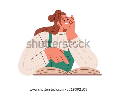 Young girl reader, bookworm sitting with open book. Happy woman reading paper literature, thinking, pointing at page. Modern female student. Flat vector illustration isolated on white background