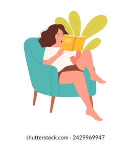 Young girl reading in armchair. Home interior comfort, fresh air ventilation cartoon vector illustration