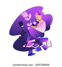 Young girl reading book and choosing what to read surrounded by literature. Cartoon character of beautiful young woman making choice, violet gradient vector illustration.