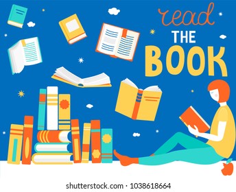 Young girl is Reading book. Close and open books in different positions. Learning and education, relaxation and enjoyment concept design. Vector illustration in flat style.