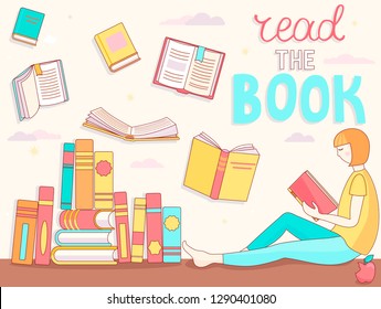 Young girl is Reading book. Close and open books in different positions near the student. Learning and education, relaxation and enjoyment concept design. Vector illustration in flat style.