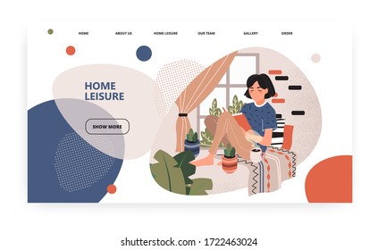 Young girl reading book and drinks coffee next to window at home. Cozy interior. Concept illustration. Vector web site design template. Landing page website illustration.