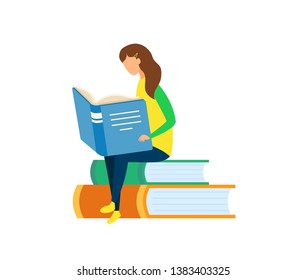 Young Girl Reading Book Flat Vector Illustration. Fiction, Non-fiction Literature. Student Learning, Studying Using Textbooks. Female Cartoon Character in Library. E-library Archive