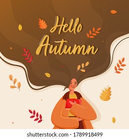 Young Girl Reading a Book with Flowing Long Hair and Leaves Decorated Background for Hello Autumn.