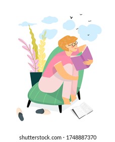 Young girl reading a book at home or in the library and dreaming. Everyday life routine. Cozy Home interior design, studying and relaxing at home reading book concept. Vector illustration design.