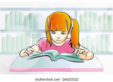 young girl reading a book in library