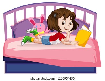 Young girl reading book on bed illustration