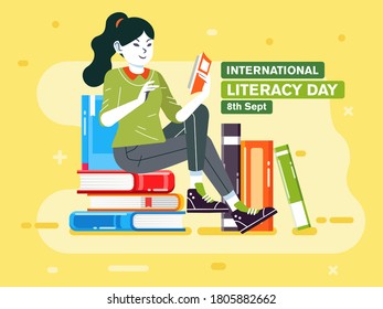 young girl reading a book on top stack of books, illustration poster for international literacy day vector illustration. used for poster, banner and other