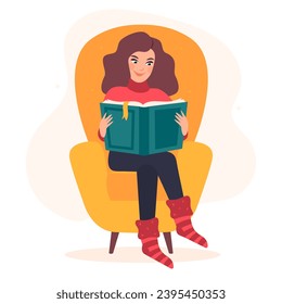 Young girl reading book and resting on comfortable yellow armchair. Cute woman read book. Nice leisure on weekends and holidays with interesting book