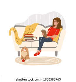 Young girl reading a book and sitting on the sofa in modern interior. Home education. Vector illustration drawing in flat style