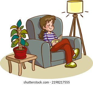 Young girl reading book sitting on the sofa. Colorful cartoon vector illustration