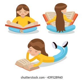 Young Girl Reading Book Sitting Floor Characters Icon Symbol Stylish Isolated cartoon Design Concept Template Vector Illustration