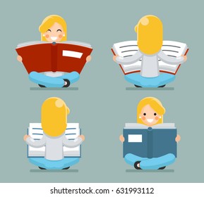 Young Girl Reading Book Sitting Floor Characters Icon Symbol Stylish Isolated cartoon Design Concept Template Vector Illustration