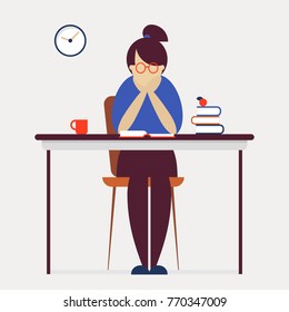 Young girl reading a book sitting at the desk with piles of books. Student at the library. Modern cartoon female character in simple and clear flat style isolated on white background.