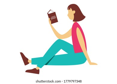 Young girl reading a book. Vector illustration in flat style.