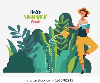 Young girl reading book and watering plants in the garden. Nature landscape background. Summer holidays illustration. Vacation time