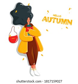 Young Girl Reading a Book While Lying Down with Handbag on White Background for Hello Autumn.