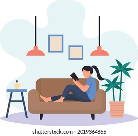 Young girl reading book while sitting on couch Concept, Barefoot Woman Lying Down On Sofa Vector Icon Design, Weekly holiday Activity Symbol, Week Rest Day Sign, Lazy weekend people Stock illustration