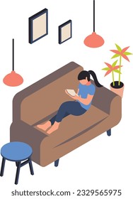 Young girl reading book while sitting on couch isometric Concept, Barefoot Woman Lying Down On Sofa Vector Icon Design, Weekly holiday Activity Symbol, Week Rest Day Sign, Lazy weekend people Stock