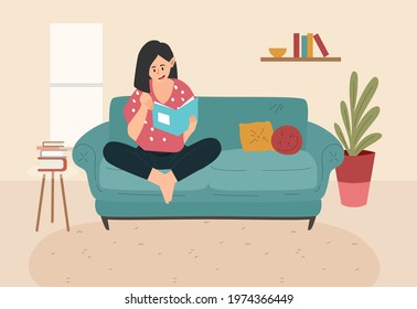 Young girl, reading books in her home, illustration concept.