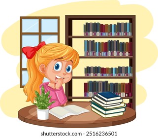 Young girl reading books in a library