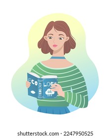 Young girl reading ecology book about CO2 emission reduction flat cartoon style vector illustration. Eco friendly cute female character reading about greenhouse gas emissions, climate change, ecology.