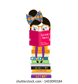 Young girl reading flat vector illustration. Kid in glasses sitting on books stacks isolated cartoon character on white background. Schoolgirl in library holding textbook design element
