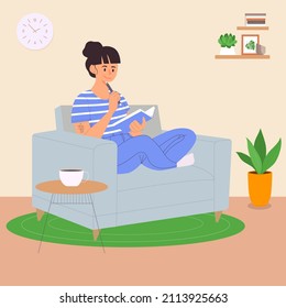 Young girl reading her notebook at home, illustration concept.