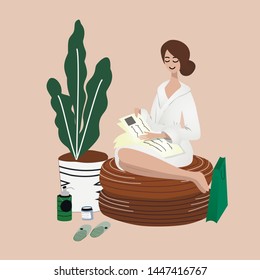 Joven leyendo revista tras procedimientos de spa: aromaterapia, cuidados corporales, masaje tailandés, meditación. Salón de belleza, cartel del centro de bienestar, pancarta. Concepto de belleza dibujado a mano. Ilustración vectorial. 