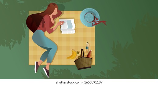 Young Girl Reading A Magazine On A Picnic Blanket. Top View. Summer City Park Scene. Flat Graphic Vector Illustration.