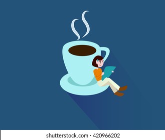 young girl reading newspaper with coffee