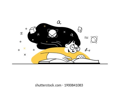 Young girl reading and studying math book. training young people to gain knowledge from books and the Internet. design composition onlain students vector