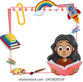 Muchacha leyendo rodeada de iconos educativos