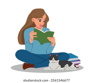 A young girl reads a book of fairy tales, beautiful woman reading a romantic book. Vector illustration.