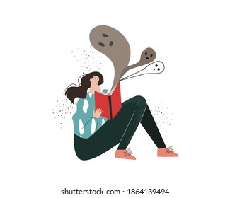 A young girl reads a horror book. Fears,  ghosts, stressed, anxiety, phobias, feelings, emotions,  disquiet, stressful, loneliness. Fiction literature. Flat vector illustration isolated on white 