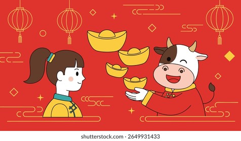 A young girl receives good fortune from a cheerful ox during lunar new year celebrations