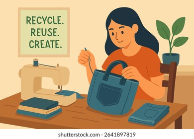 Young girl recycling cloth, using sewing machine. Woman sews a bag from jeans. reuse. Illustration of textile recycling. Concept of reducing waste. Vector cartoon