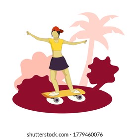 Young girl in a red cap, orange skateboard, maroon park on white isolated background, vector illustration that can be good as a print, emblem, sticker or as an art for websites and social networks.