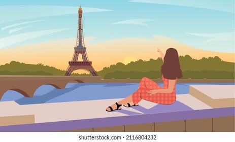Young girl in red clothes sitting on bridge and looking at Eiffel tower. Beautiful landscape with Eiffel tower and bridge in beautiful colors. Modern flat style vector illustration. 